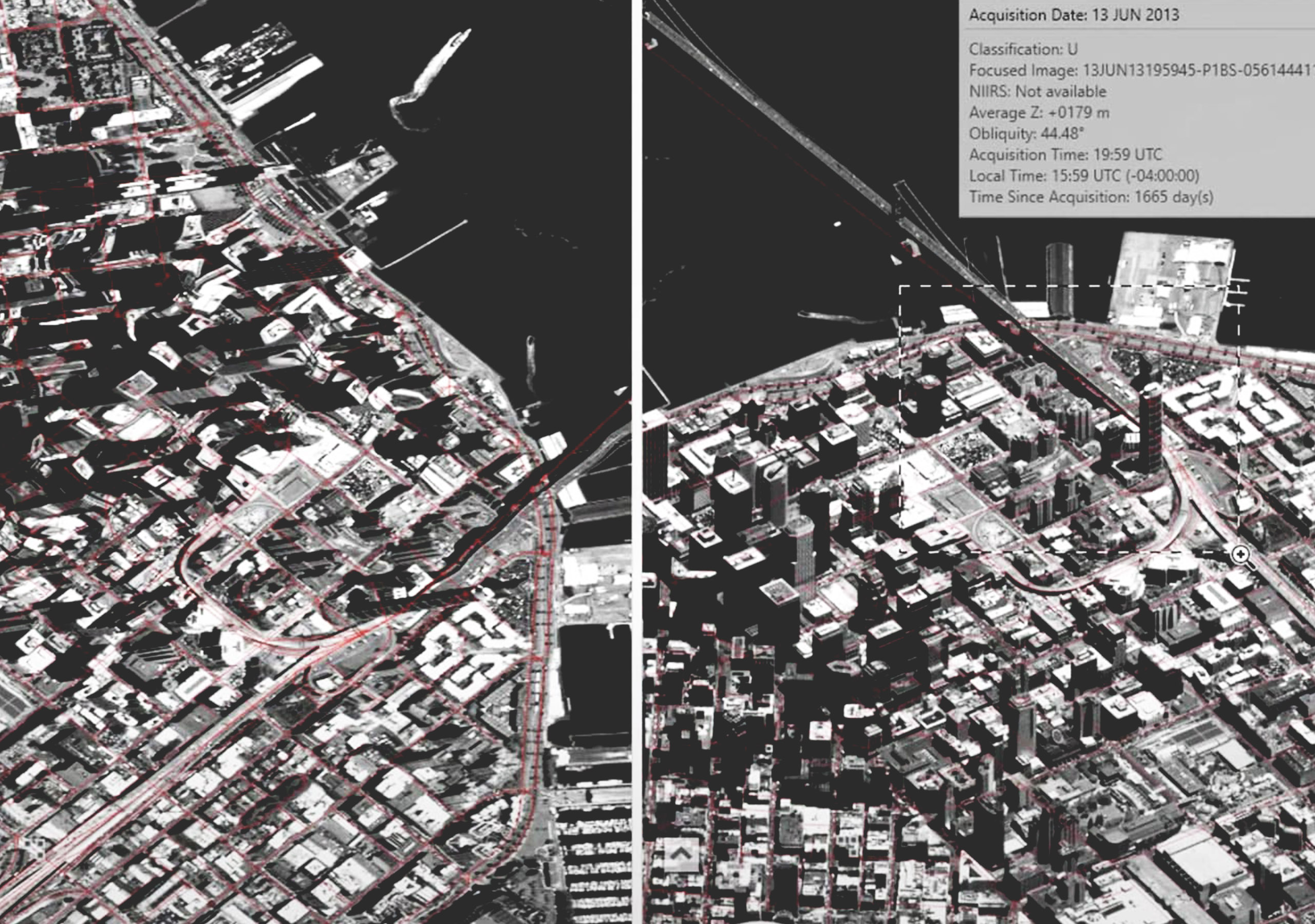 A slider shows a black-and-white, off-nadir image of a waterfront city before and after correction for distortion