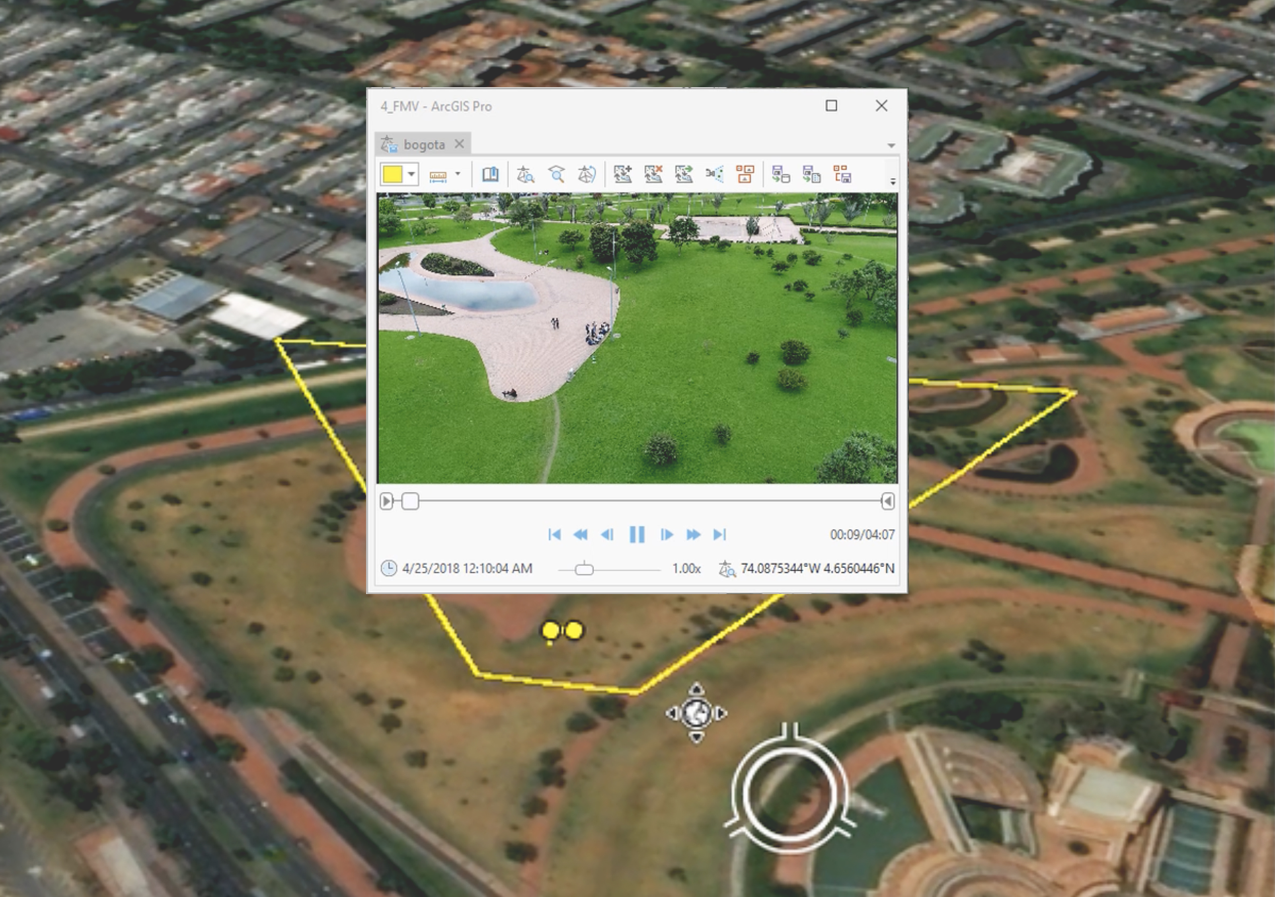 A video player window shows drone footage of people in a park, with a drone flight plan map in the background