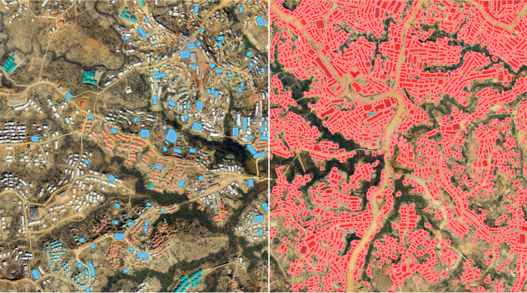 Drone imagery of the Kutupalong refugee camp in Bangladesh shows tents and latrines highlighted in red and blue