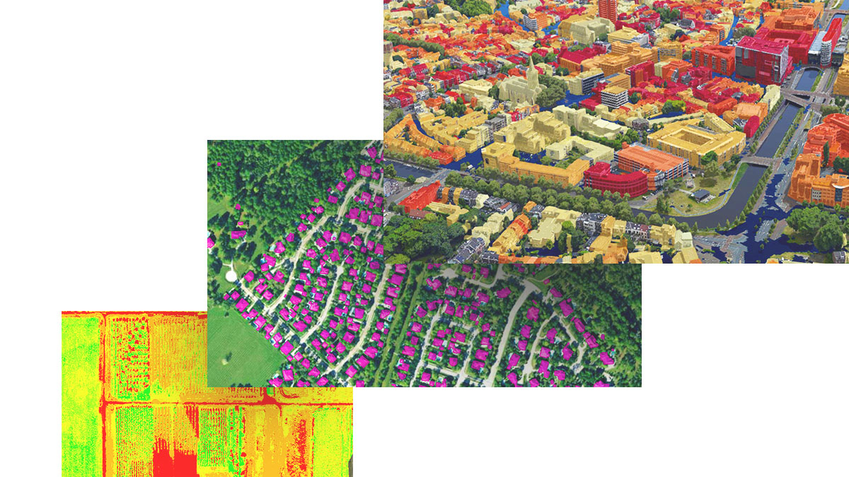 Three panels show aerial images of farmland, a neighborhood, and a cityscape with image features identified using analysis