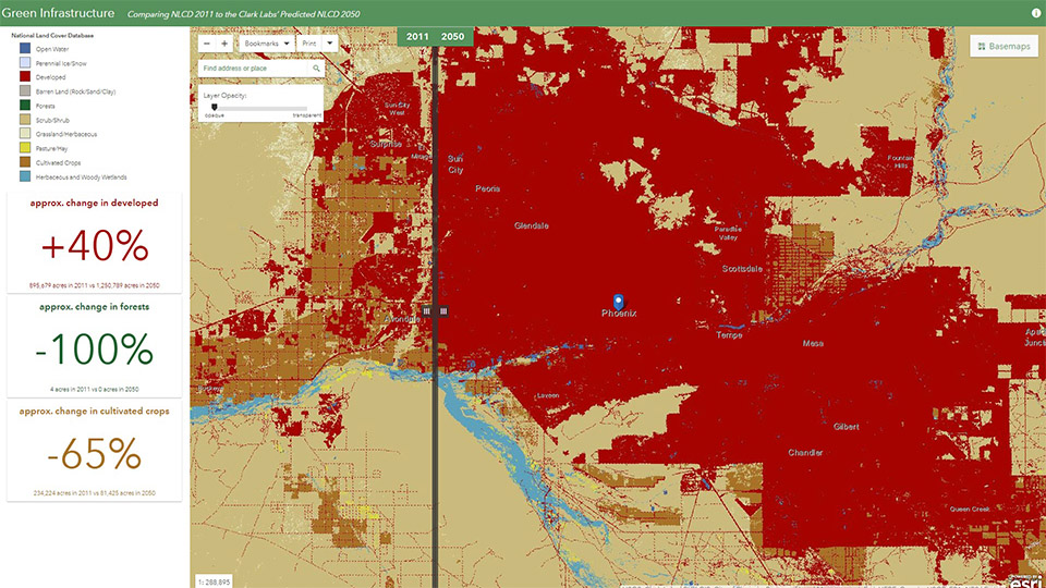 A map shows predicted expansion of green infrastructure in Phoenix, Arizona from 2011 to 2050