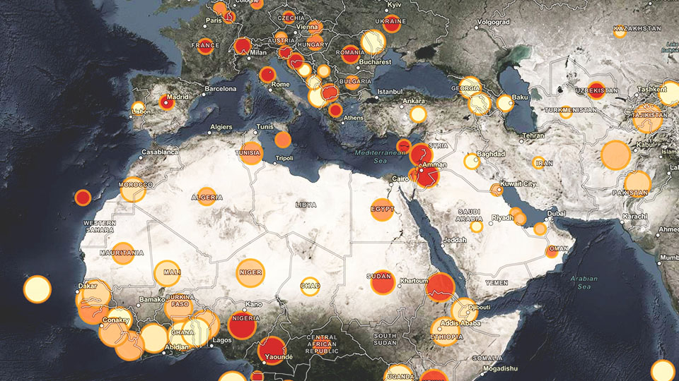 A map of northern Africa, the Middle East, and southern Europe shows hotspots of data in yellow, orange, and red circles
