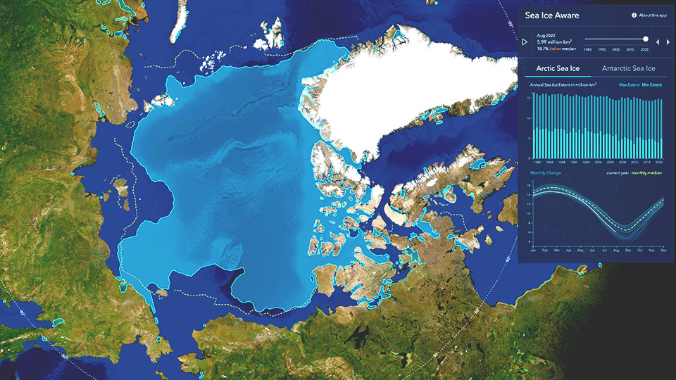 A map of the Arctic shows ice concentrations and sea level in the region over time