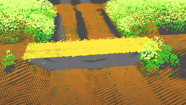 A point cloud with orange, green, and yellow points depicts bushes along a pathway in 3D. 