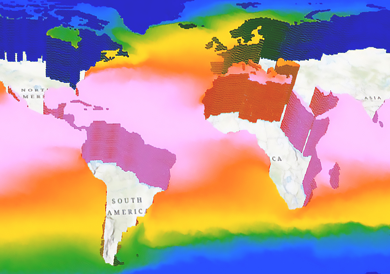 A map of the ocean near South America and Africa features 3D voxel layers in a gradient of pink, red, yellow, green, and blue
