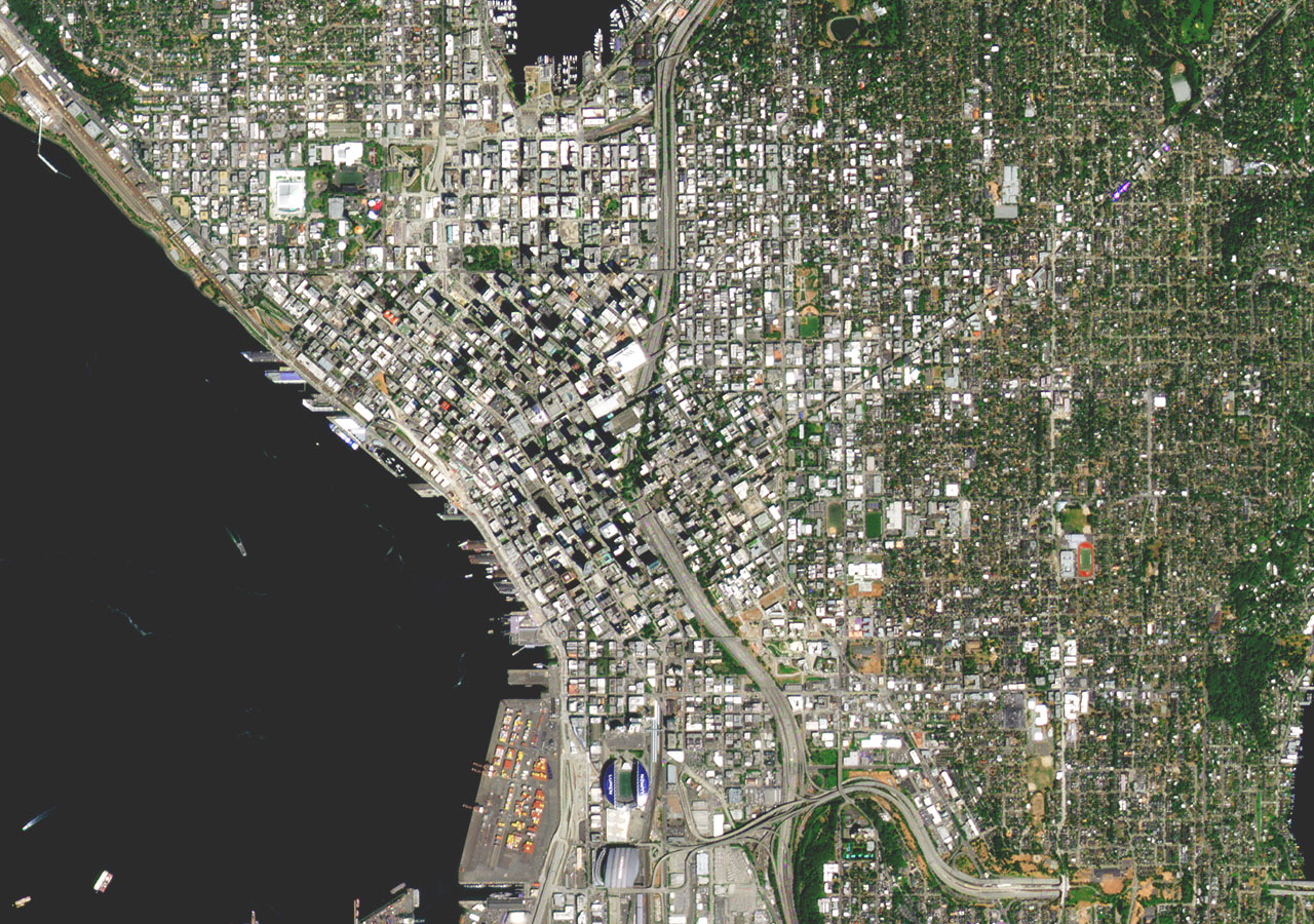 True-color PlanetScope image showing infrastructure in downtown Seattle, Washington, collected on August 1, 2022