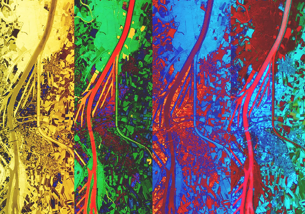 Four panels show an image in different colorways, indicating multiple ways to interpret and visualize remote sensing data