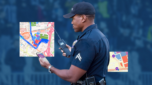 A member of a security team holding a mobile device and a two-way radio in between cropped squares of maps overlaid with a play button 