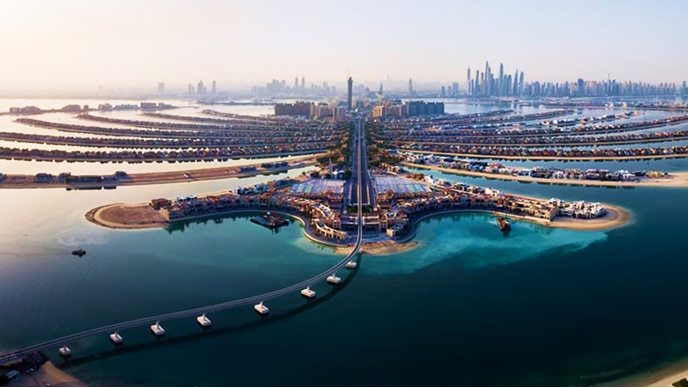 Aerial view of Palm Jumeirah in Dubai, UAE, a man-made island shaped like a palm tree