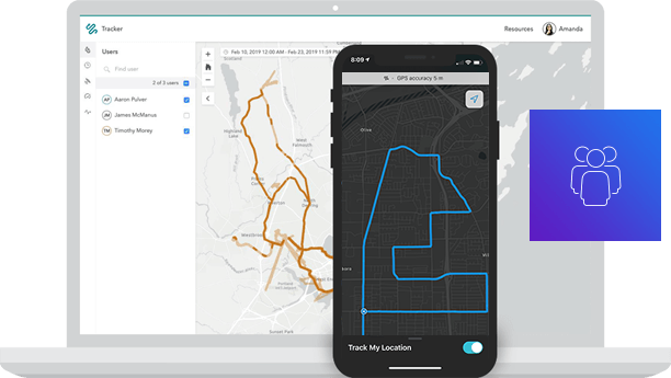 Un dispositivo móvil muestra las opciones de configuración del dispositivo y de la capa de mapa junto a la visualización de un mapa en un equipo portátil y un icono de tres personas