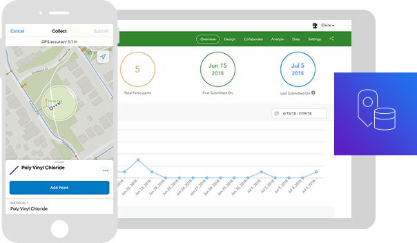 Auf einem mobilen Gerät ist eine Datenerfassungskarte mit Assets – hier sind es Hydranten – angezeigt. Daneben sind ein Liniendiagramm und das Symbol eines GPS-Pfeils zu sehen.