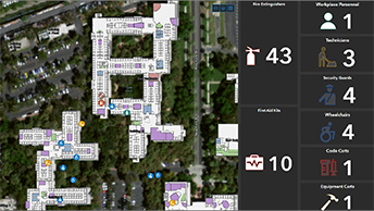 Dashboard showing an aerial map of a building next to numerical and text data 
