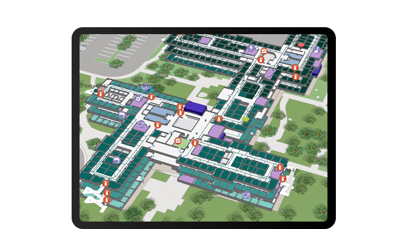 Tablet showing indoor data collection with asset locations on a map of a large office building with red data points