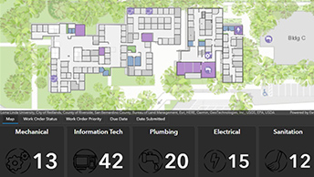 Dashboard of indoor data analytics and asset conditions showing an aerial map of a building next to numerical and text data