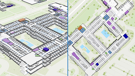 Side-by-side images of indoor maps in both 2D and 3D of a large building with data and squares for offices