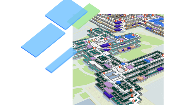 Colored shapes of floor plan elements from an indoor map with assets, spaces, and features of indoor buildings on a 3D map of a building.