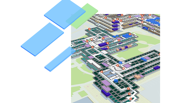 Formes colorées d’éléments d’un plan d’étage issus d’une carte indoor avec des ressources, espaces et entités de bâtiments indoor sur la carte 3D d’un bâtiment.