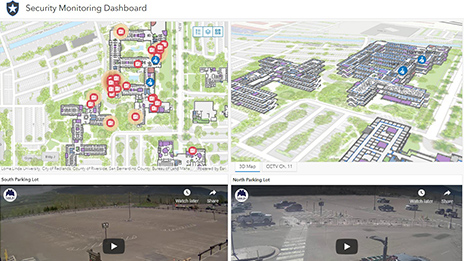 Series of images including a map with red data points, a digital map of a large campus, and a dashboard showing indoor GIS 