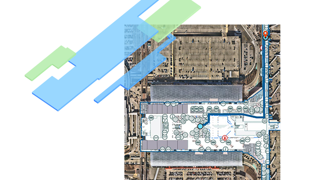 Colored shapes from a floor plan floating above an indoor map of an airport with an indoor navigation route showing current location and future path.