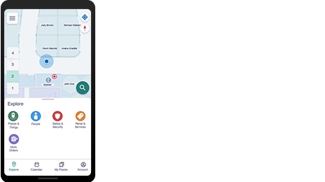 Cell phone with an indoor map, showing a blue dot for indoor positioning of an individual in a facility. 