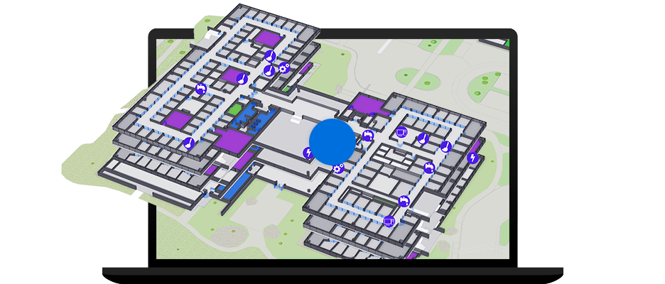 A digital image of two connected multi-level gray buildings representing an indoor GIS interface with data points