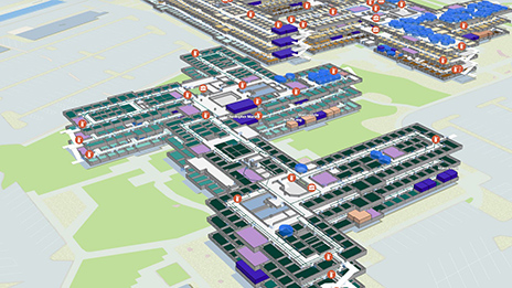 Uma imagem digital de vários edifícios grandes representando um mapa interno com dados e locais de ativos