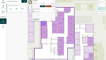 A digital image of an indoor building map representing an indoor GIS interface showing space use, allocation, and data