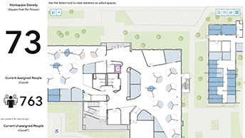 Space optimization dashboard in Indoor GIS with an indoor building map and numerical data