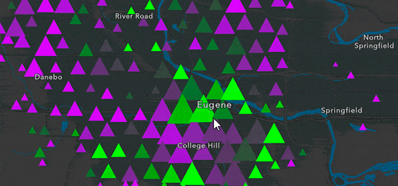 Purple and green triangles set against a black digital street map