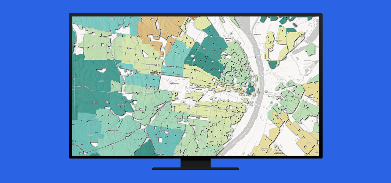 Tela de computador mostrando um mapa verde e branco da cidade de St. Louis representando um Índice de Diversidade de 2021