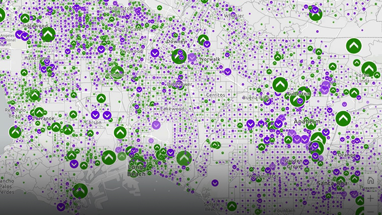 A white map of multi-story apartments mapped in Southern California with green circles sized by number of units