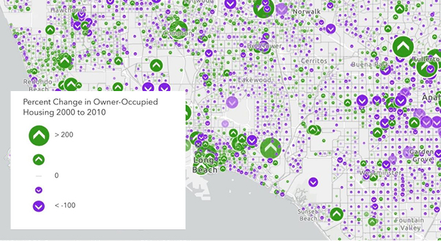 A dot density map showing percent change in owner occupied housing, with green dots representing greater change and purple dots, less change