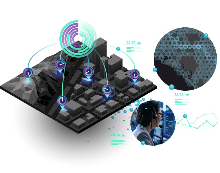 Mujer con auriculares en un equipo e imagen 3D gris con iconos de reloj, bloques y datos numéricos