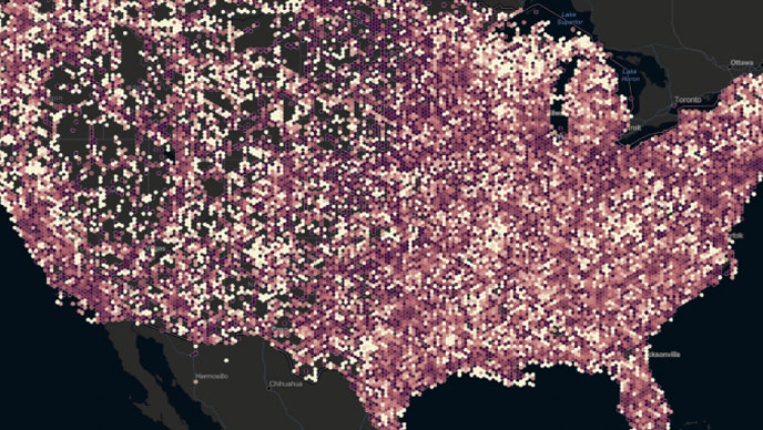 Carte des États-Unis avec différentes nuances roses de groupes hexadécimaux représentant des déplacements humains