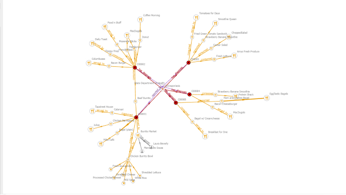 Image d’un graphe de connaissances montrant des lignes interconnectées rouges et jaunes avec du texte 