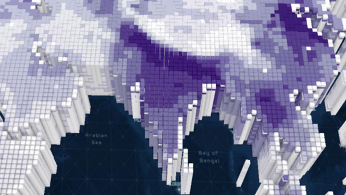 Carte montrant des colonnes 3D colorées en gris et en violet avec différentes nuances de violet représentant la densité de population