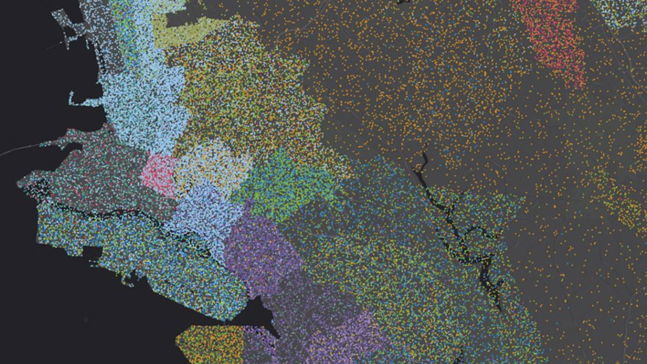 A map of Oakland, California with various colored polygons illustrating segments of the population  
