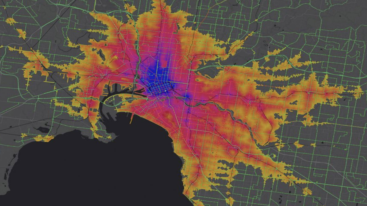 Carte comportant des zones ombrées en bleu, violet, rouge et orange qui indiquent la distance que la population peut parcourir avec les transports publics  