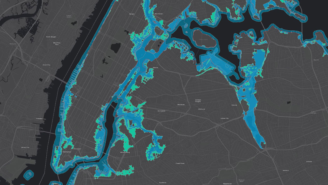 Carte montrant l’impact potentiel d’un glissement de terrain en bleu et vert