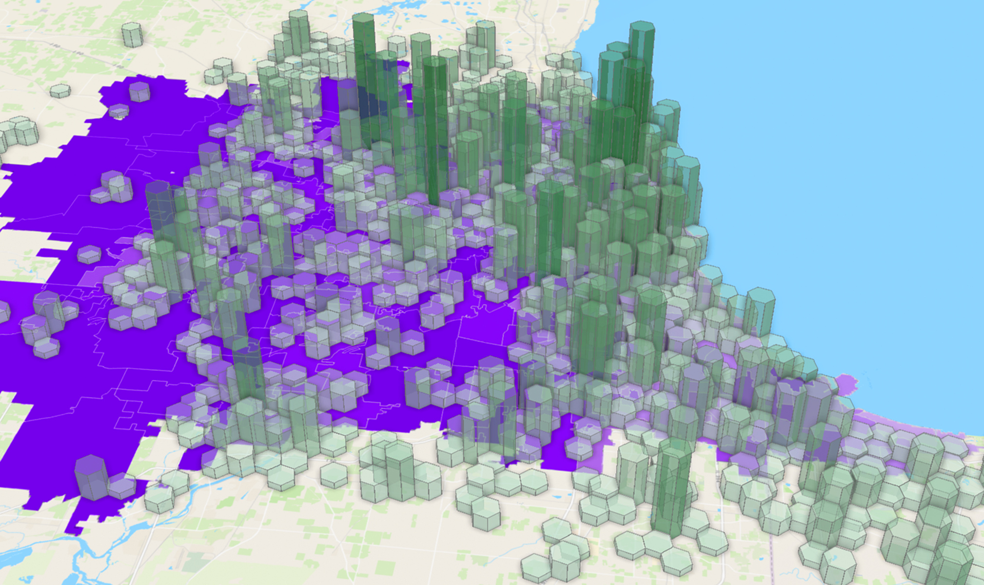 Um mapa hexagonal 3D com regiões roxas e pilares verdes transparentes