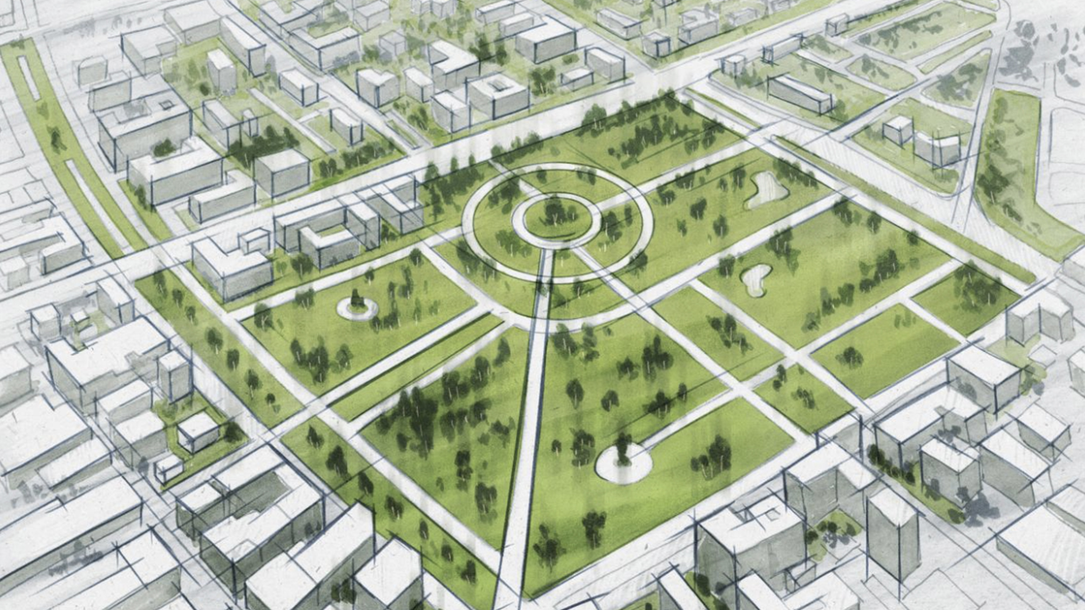 A 2D sketch of a green park surrounded by buildings in a city environment