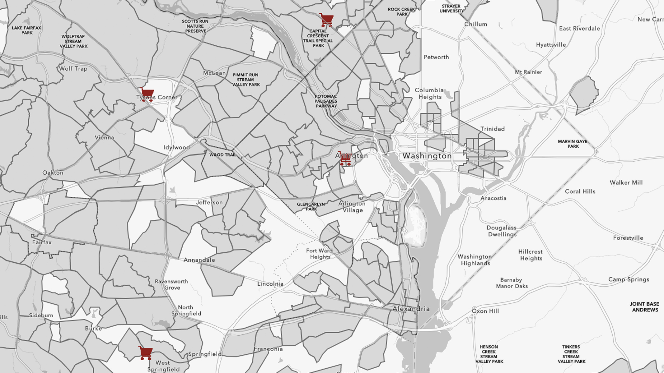 Black and white map of Washington, DC, with retail locations marked by red shopping cart icons