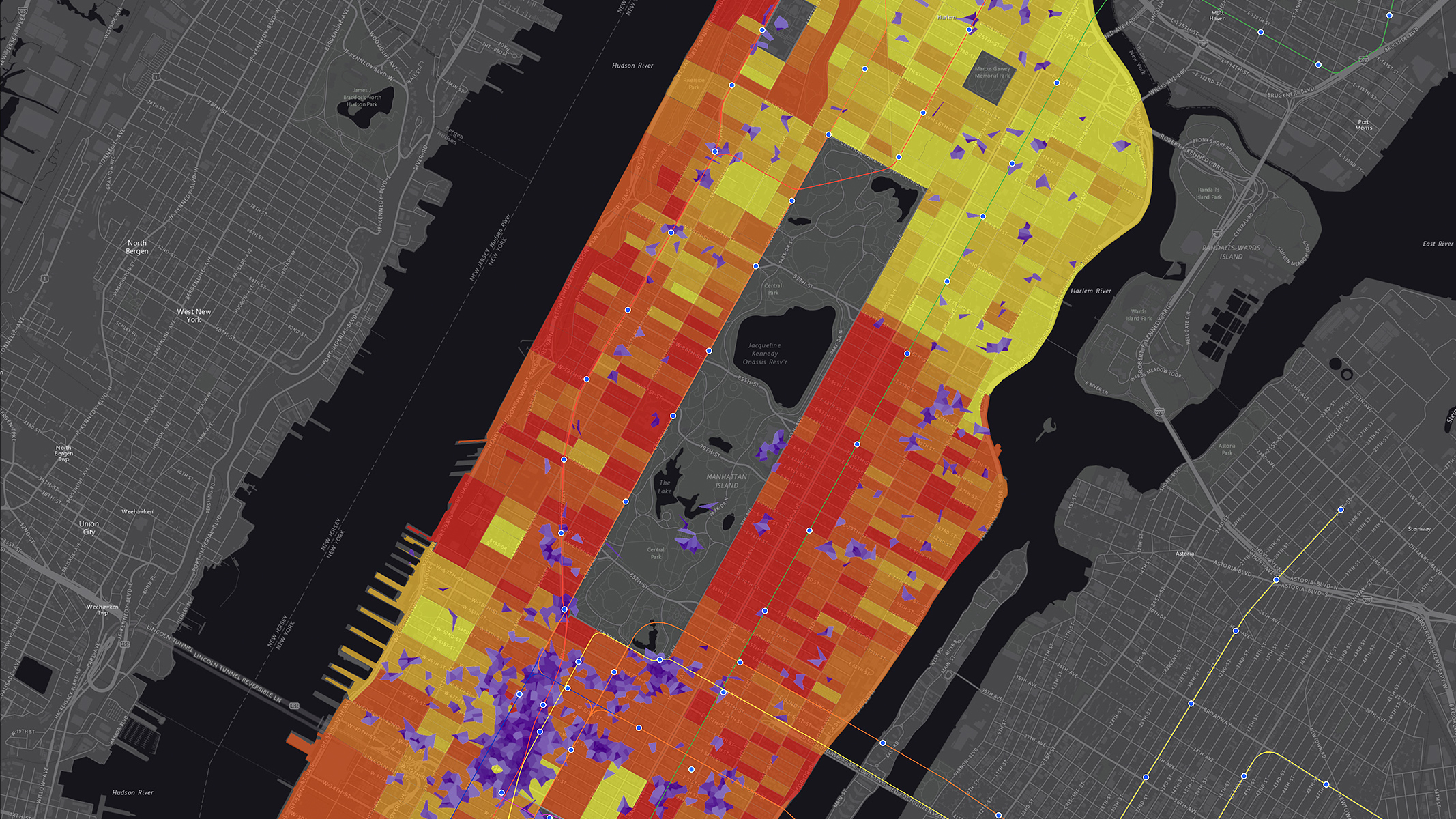Gray street map with a center section shaded in orange, yellow, and purple