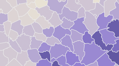 County map with areas highlighted in beige and purple