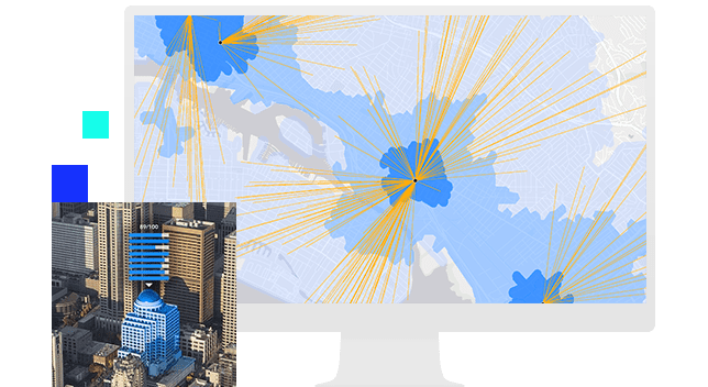 Écran d’ordinateur affichant une grande carte bleue et des lignes jaunes représentant des rayons et petite carte du centre-ville d’une ville