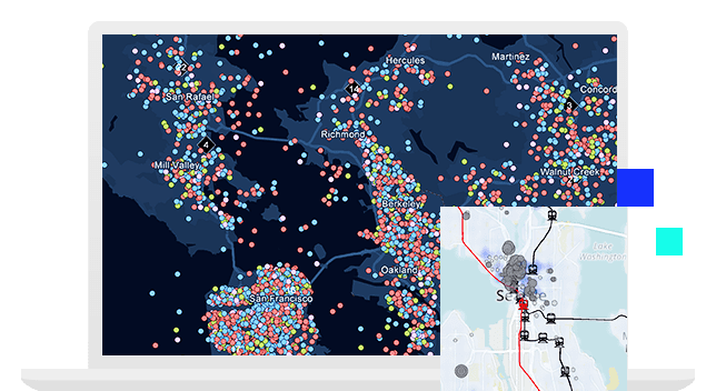 Schermo del computer portatile che mostra una mappa con punti blu, gialli e rossi sparsi e una piccola immagine di una mappa con terra e acqua