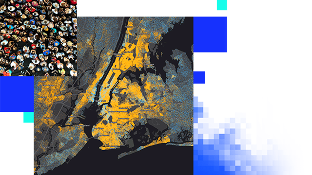 A map of a coastal region shaded with yellow and blue data points overlaid with an aerial image of a crowd of people