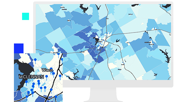 Carte numérique d’une zone avec des régions marquées de carrés bleus et petite fenêtre contextuelle affichant un détail d’une carte 