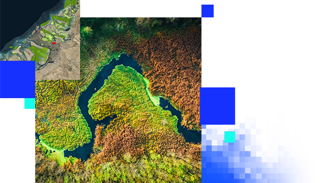Satellite imagery of a river surrounded by land overlaid with a satellite image of a coastal area