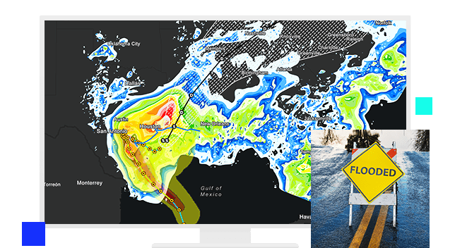 Mapa digital do Texas e da Louisiana mostrando a atividade climática e uma pequena imagem de uma placa de inundação em uma rua